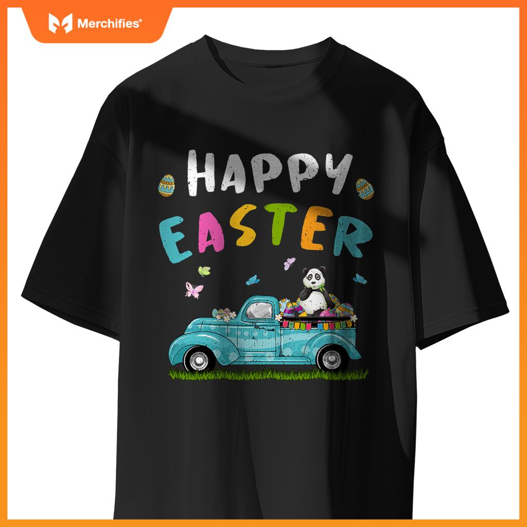 Cute Panda With Bunny Ears Egg Hunting Truck Easter T-Shirt