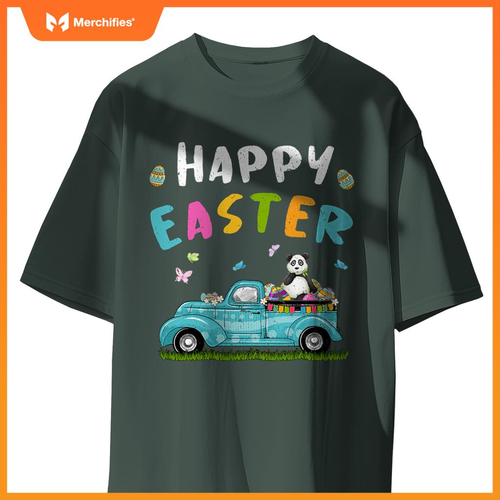 Cute Panda With Bunny Ears Egg Hunting Truck Easter T-Shirt