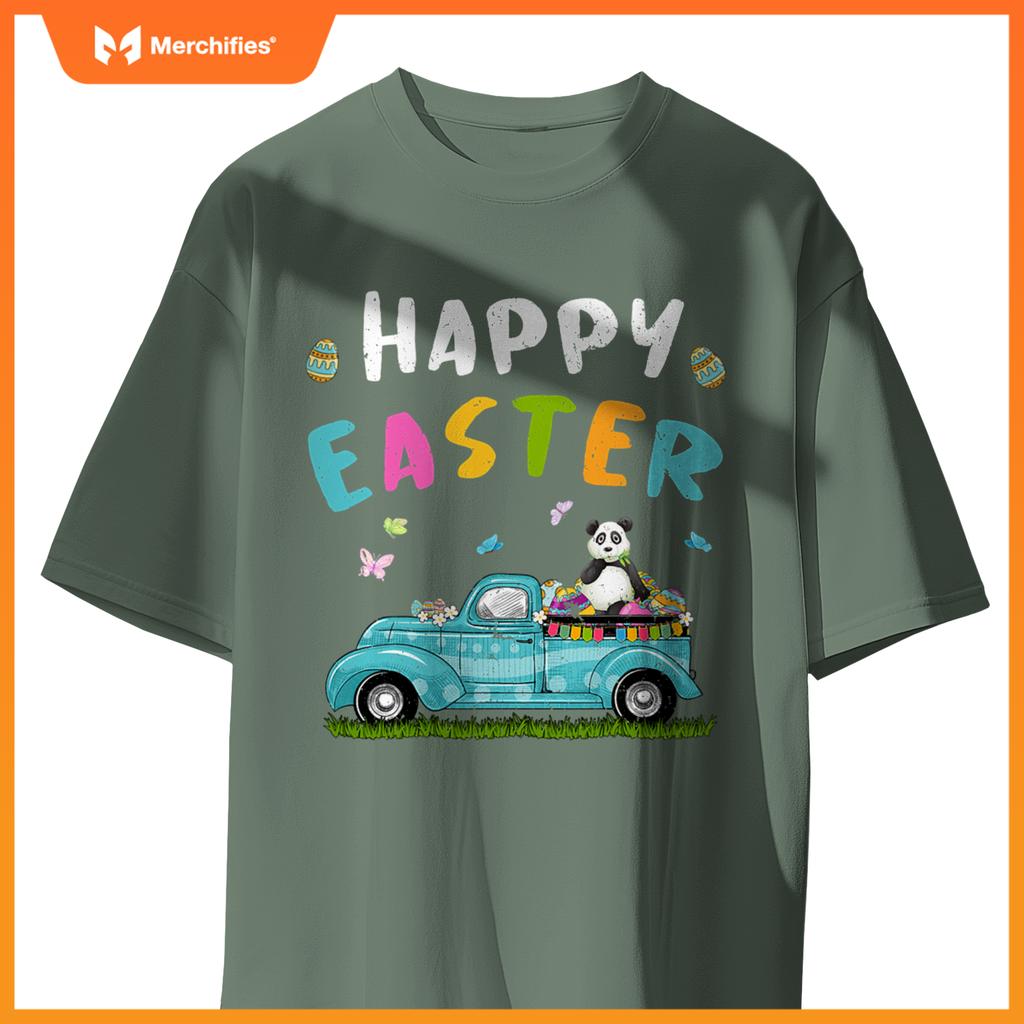 Cute Panda With Bunny Ears Egg Hunting Truck Easter T-Shirt
