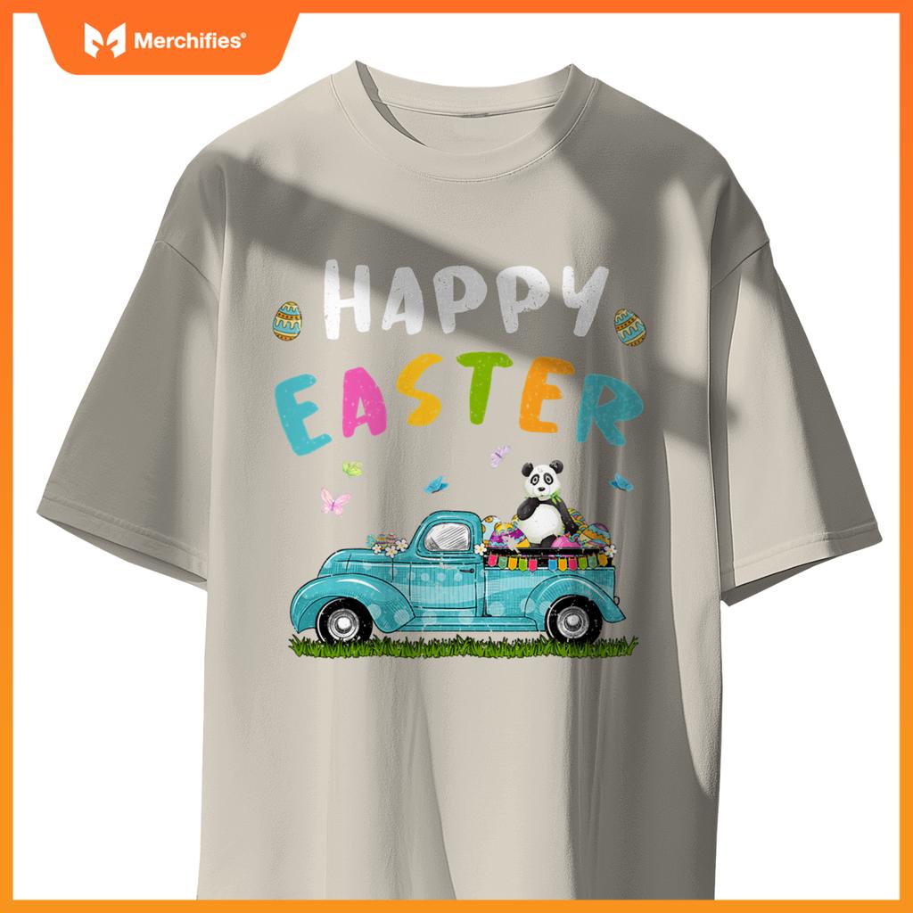 Cute Panda With Bunny Ears Egg Hunting Truck Easter T-Shirt
