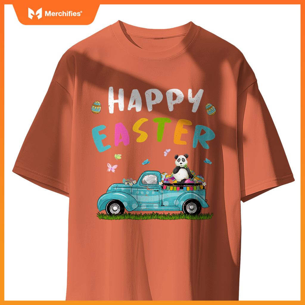 Cute Panda With Bunny Ears Egg Hunting Truck Easter T-Shirt