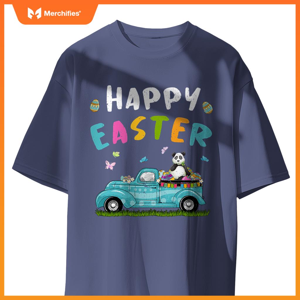 Cute Panda With Bunny Ears Egg Hunting Truck Easter T-Shirt
