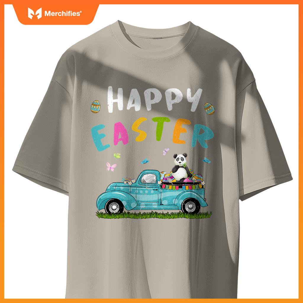 Cute Panda With Bunny Ears Egg Hunting Truck Easter T-Shirt