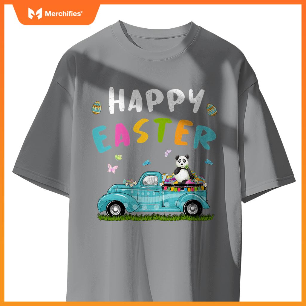 Cute Panda With Bunny Ears Egg Hunting Truck Easter T-Shirt