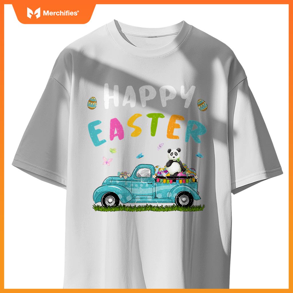 Cute Panda With Bunny Ears Egg Hunting Truck Easter T-Shirt