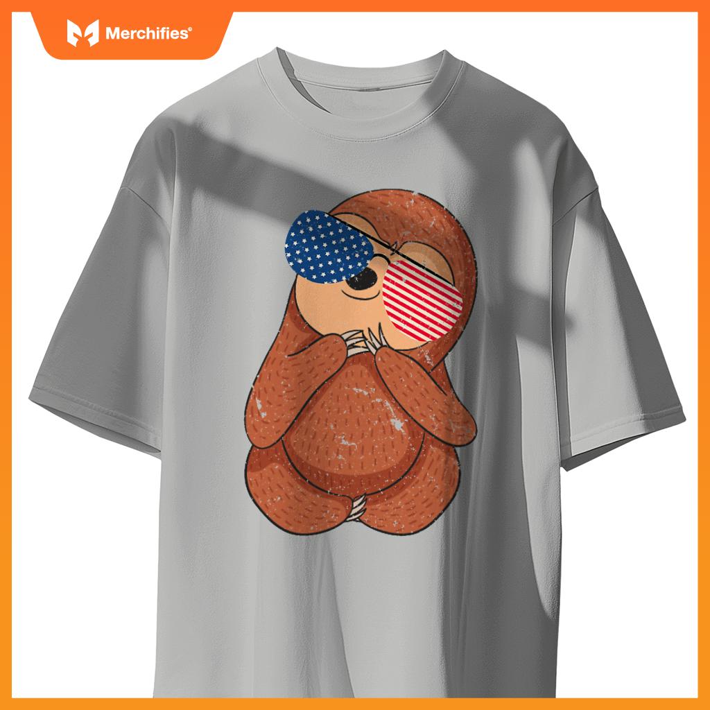 cute sloth american flag stuff usa patriotic sunglasses july T-Shirt