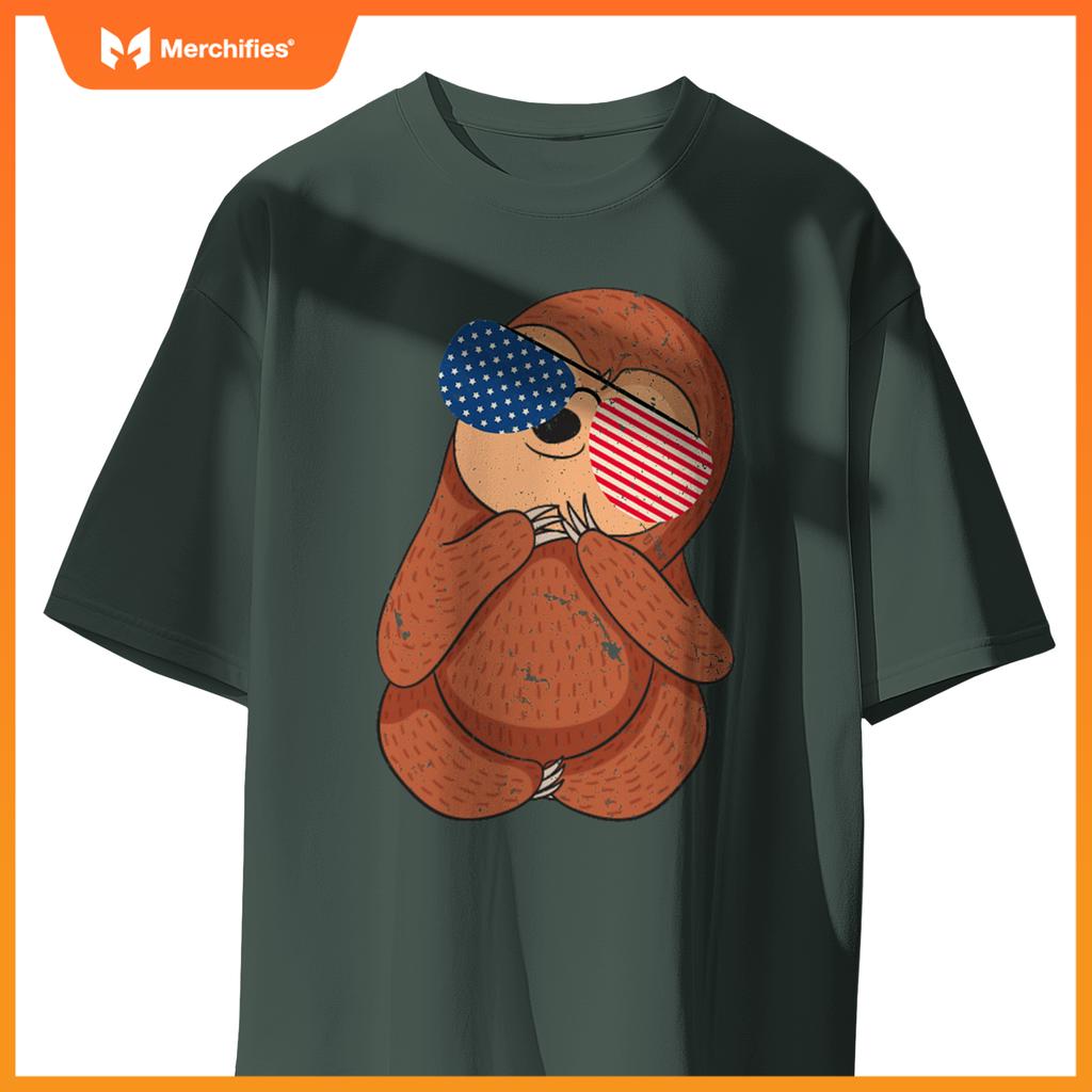 cute sloth american flag stuff usa patriotic sunglasses july T-Shirt