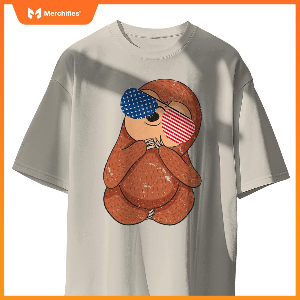 cute sloth american flag stuff usa patriotic sunglasses july T-Shirt