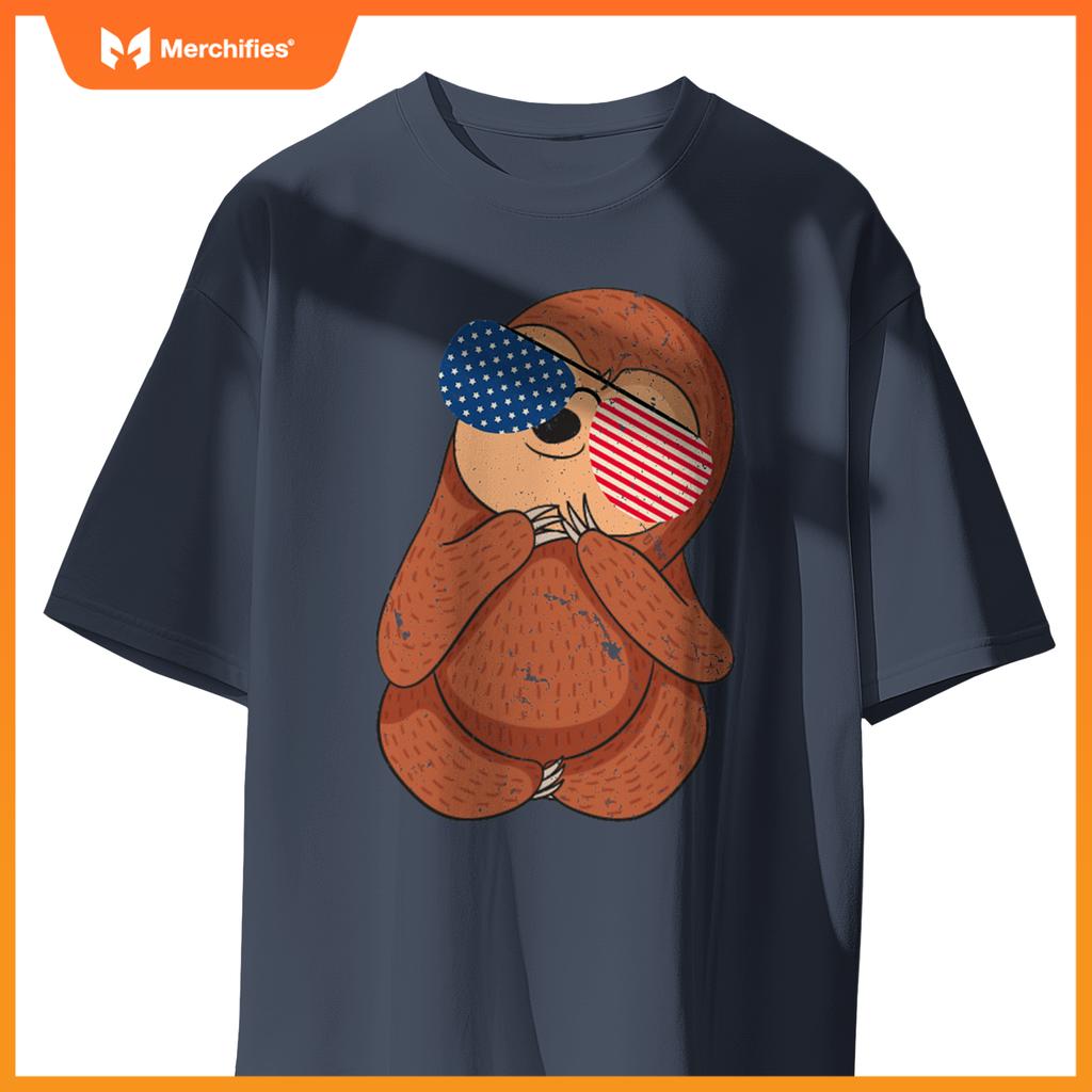 cute sloth american flag stuff usa patriotic sunglasses july T-Shirt