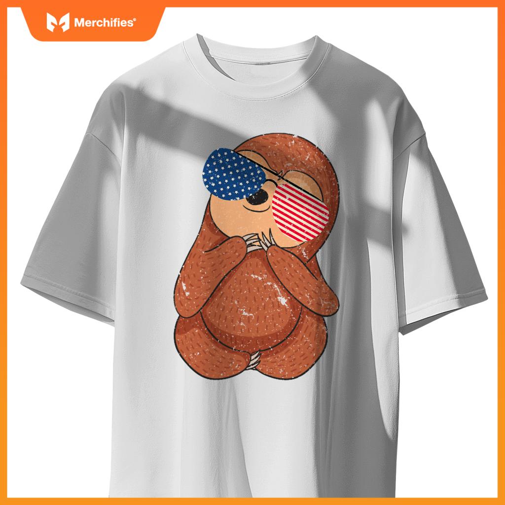 cute sloth american flag stuff usa patriotic sunglasses july T-Shirt