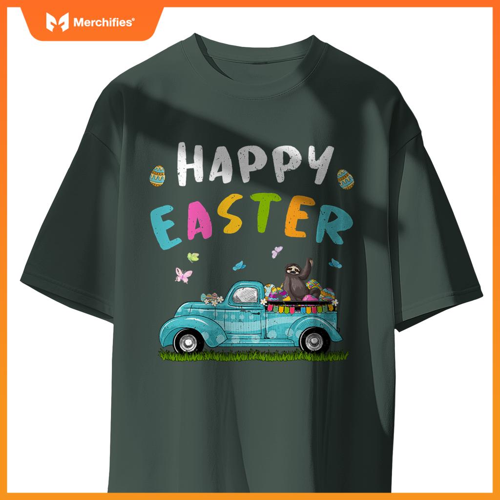 Cute Sloth With Bunny Ears Egg Hunting Truck Easter T-Shirt