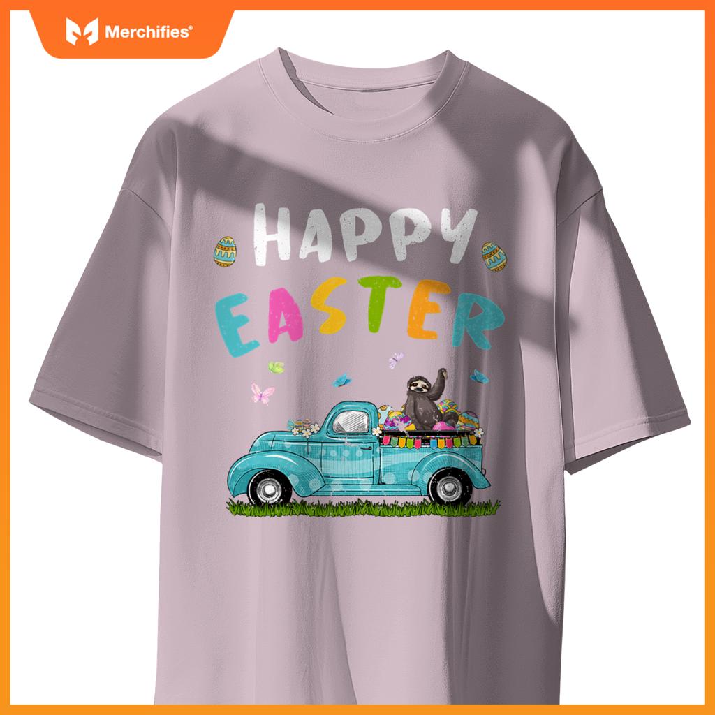 Cute Sloth With Bunny Ears Egg Hunting Truck Easter T-Shirt