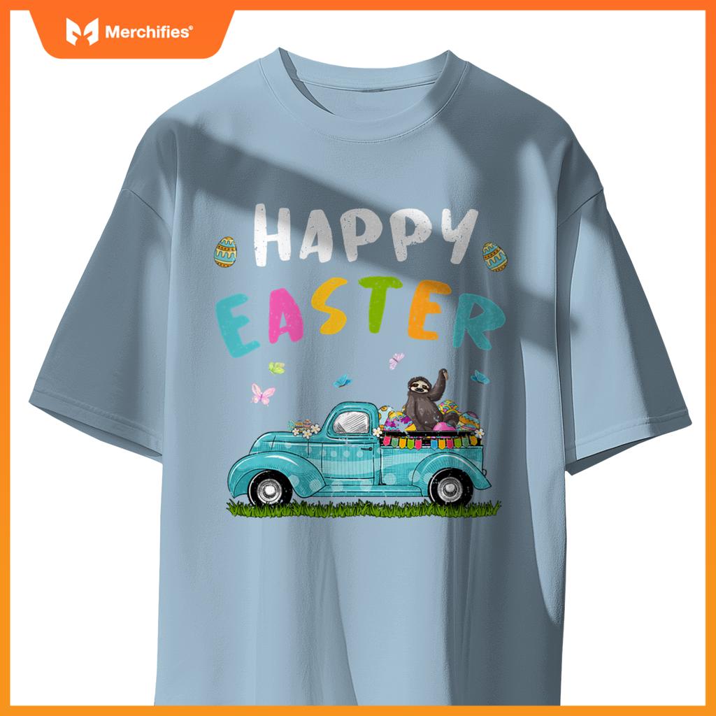 Cute Sloth With Bunny Ears Egg Hunting Truck Easter T-Shirt