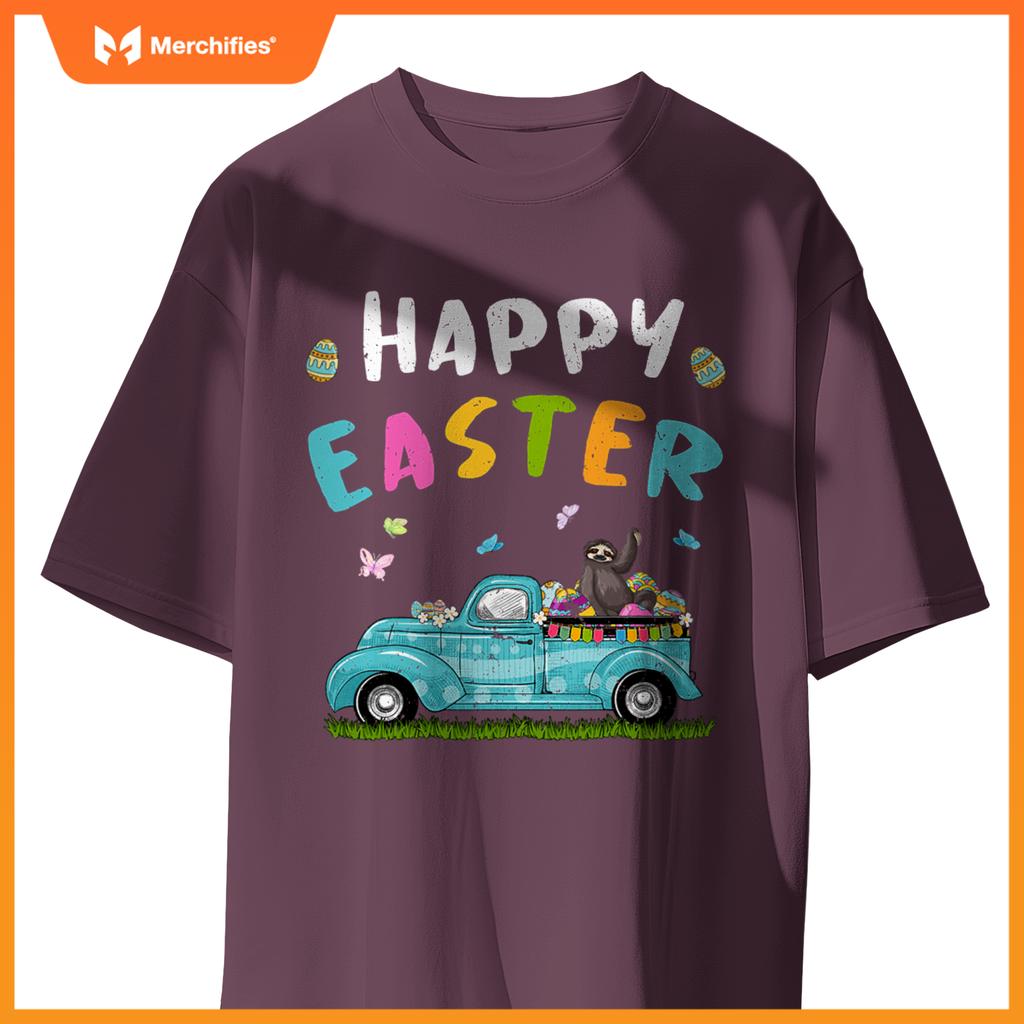 Cute Sloth With Bunny Ears Egg Hunting Truck Easter T-Shirt