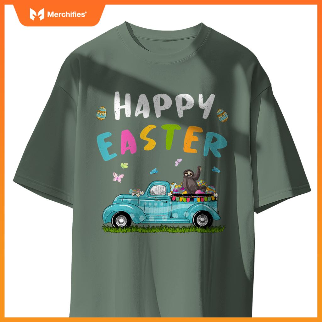 Cute Sloth With Bunny Ears Egg Hunting Truck Easter T-Shirt