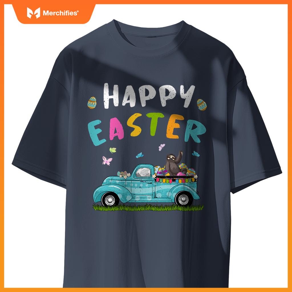 Cute Sloth With Bunny Ears Egg Hunting Truck Easter T-Shirt