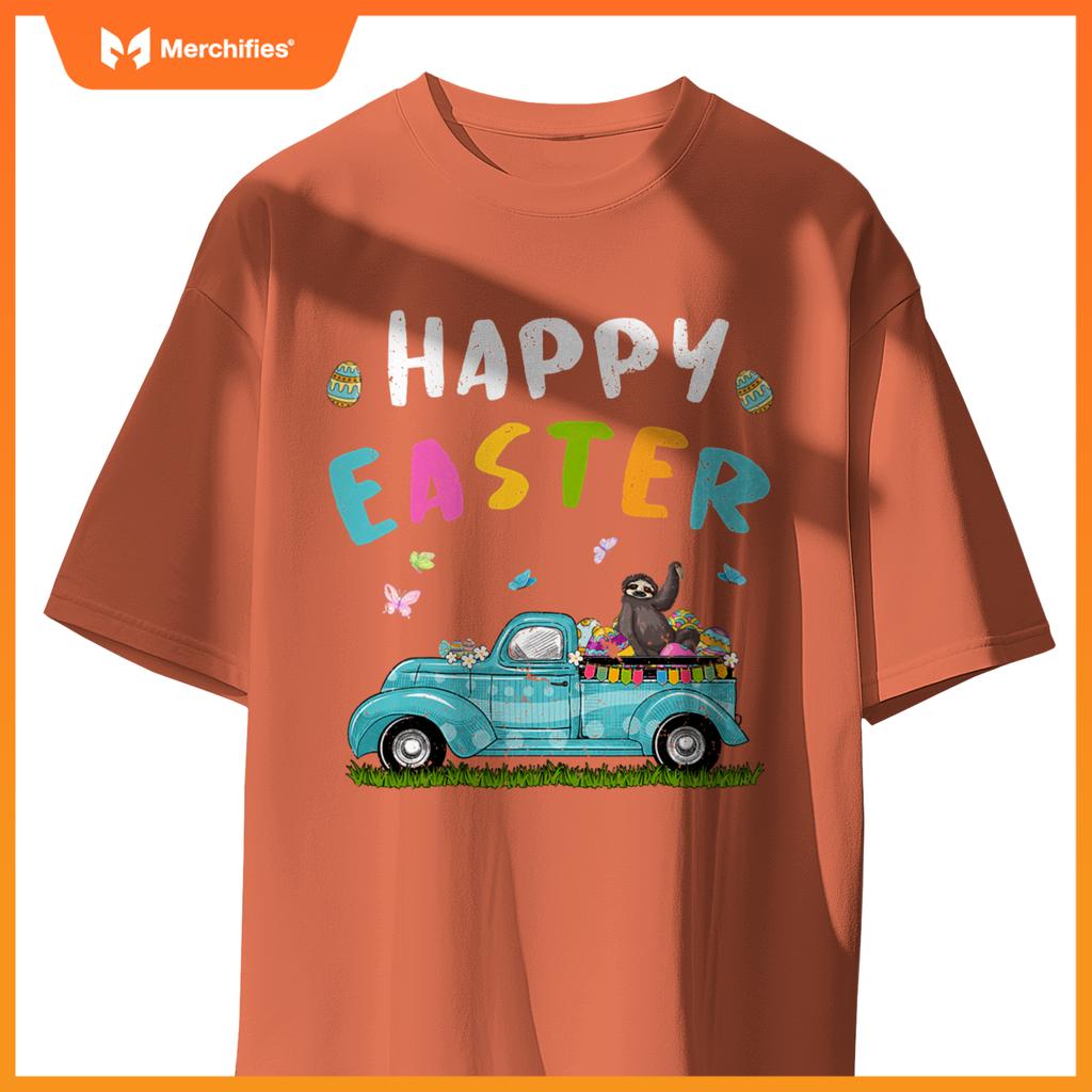 Cute Sloth With Bunny Ears Egg Hunting Truck Easter T-Shirt