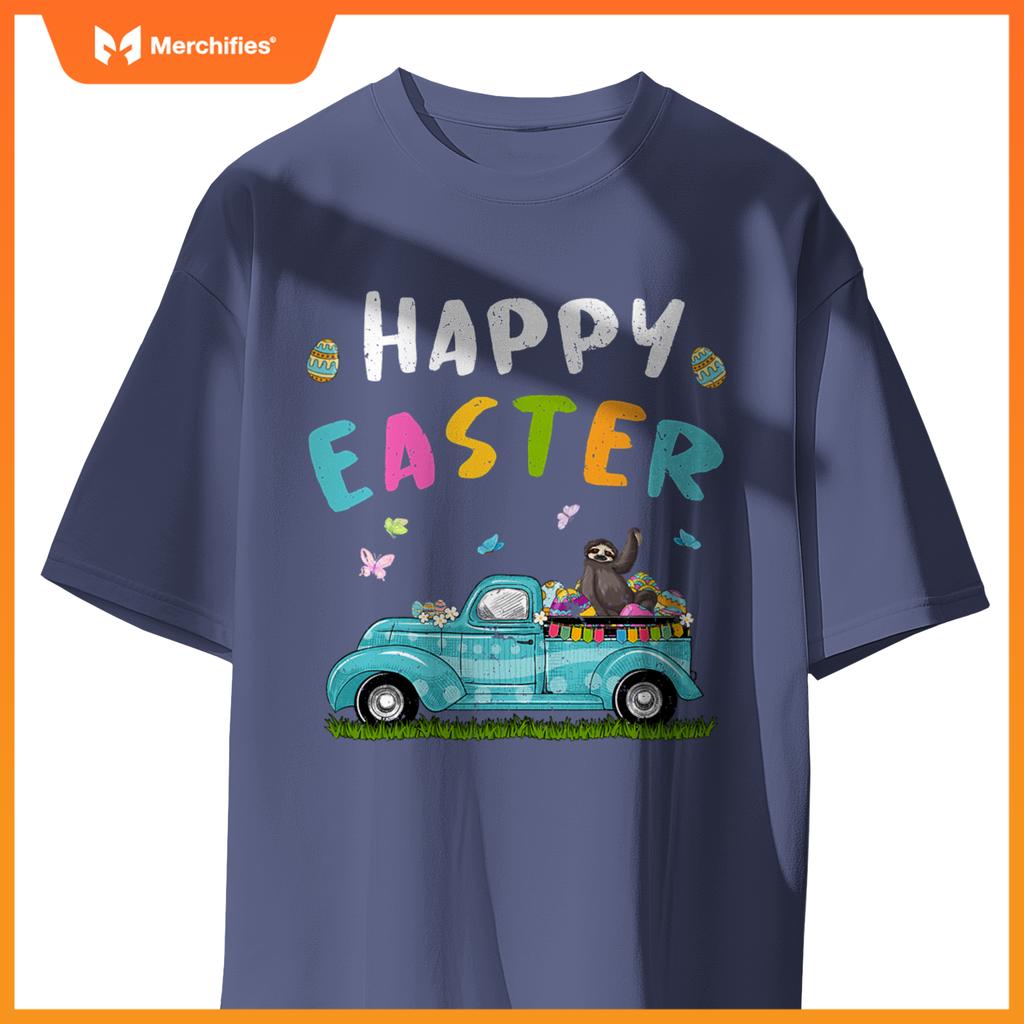 Cute Sloth With Bunny Ears Egg Hunting Truck Easter T-Shirt