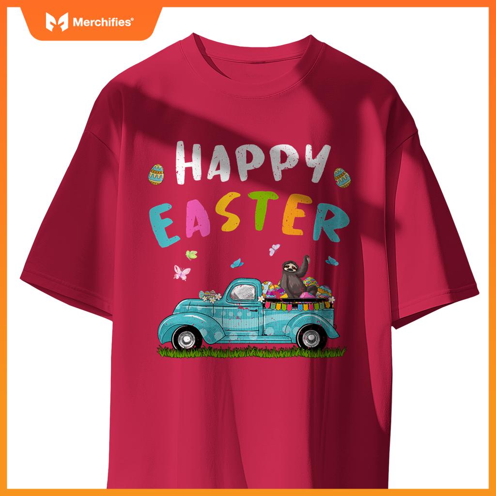 Cute Sloth With Bunny Ears Egg Hunting Truck Easter T-Shirt