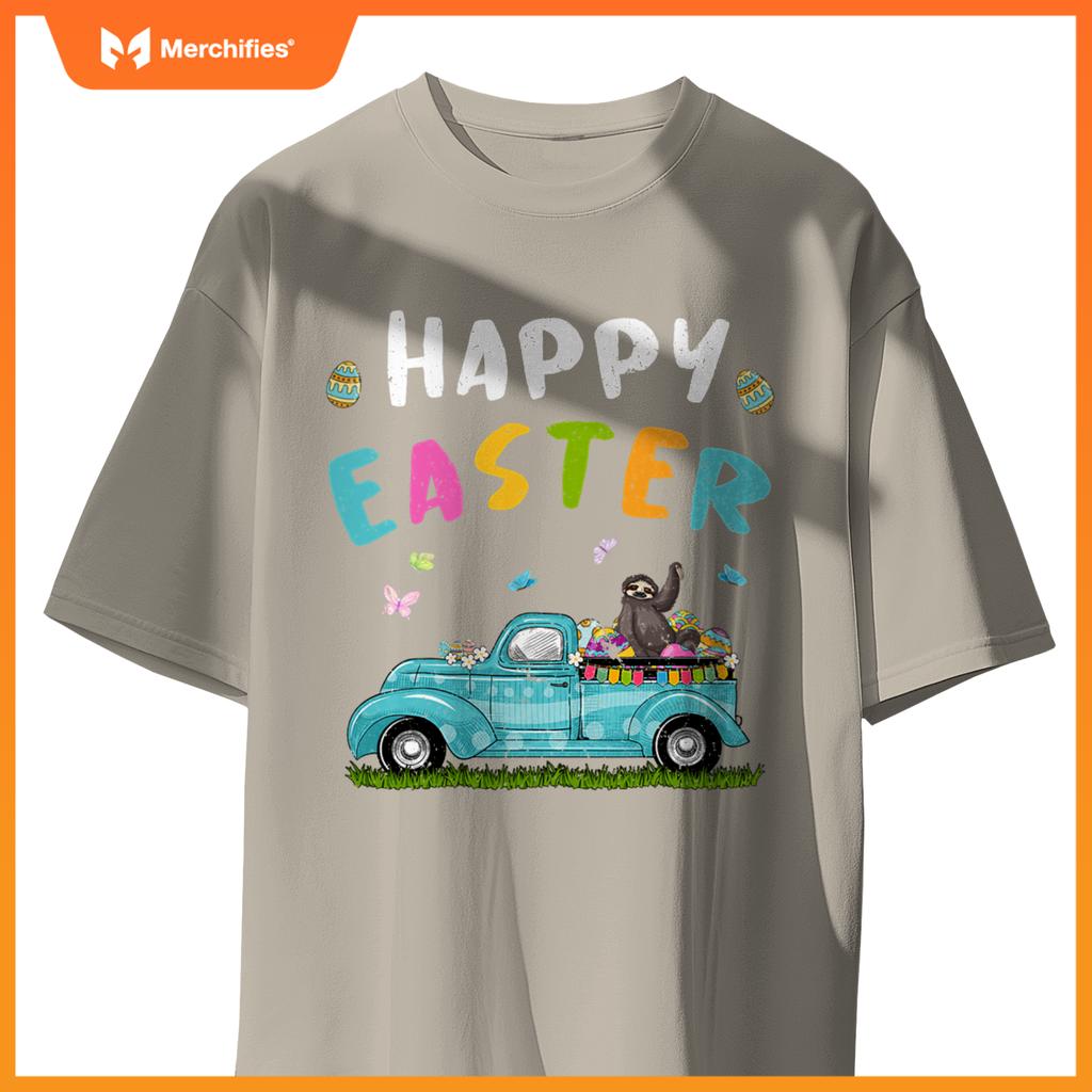 Cute Sloth With Bunny Ears Egg Hunting Truck Easter T-Shirt