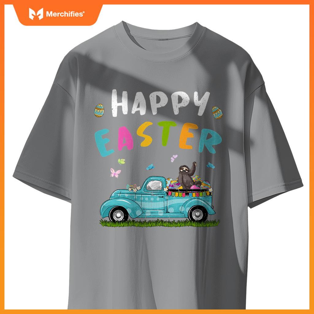 Cute Sloth With Bunny Ears Egg Hunting Truck Easter T-Shirt