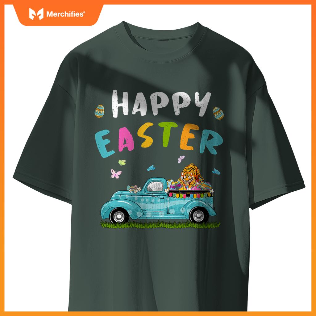 Cute Tiger With Bunny Ears Egg Hunting Truck Easter T-Shirt