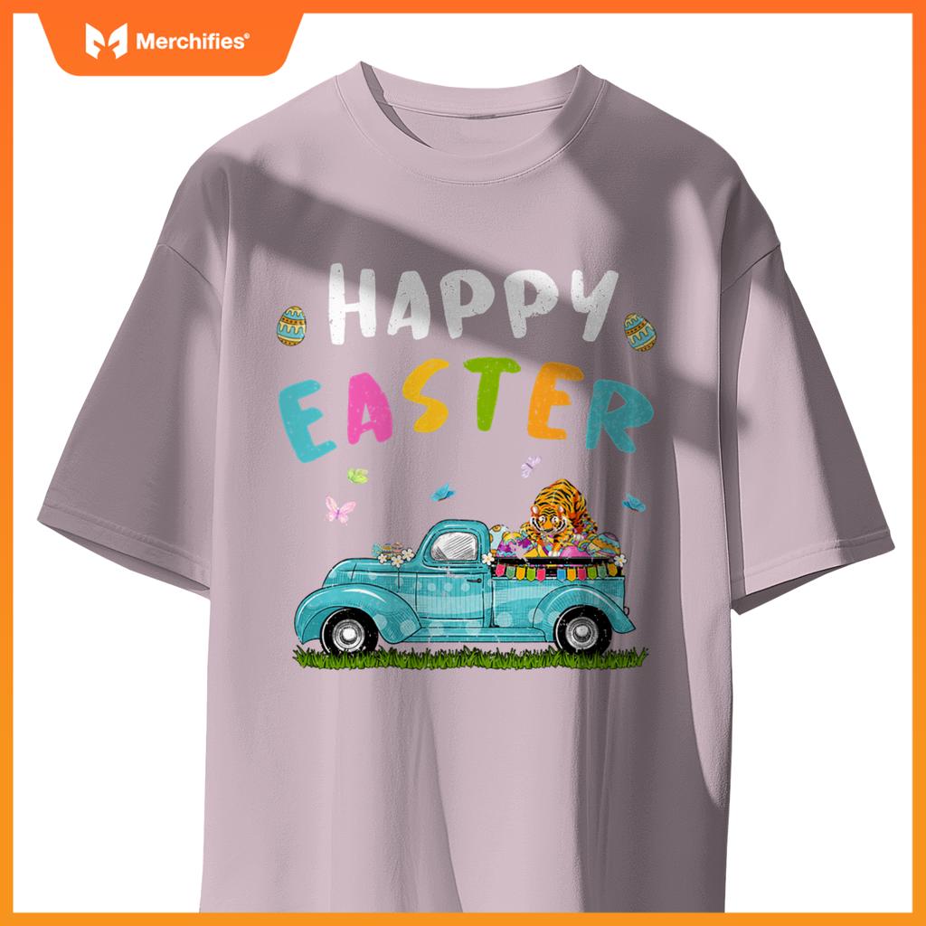 Cute Tiger With Bunny Ears Egg Hunting Truck Easter T-Shirt