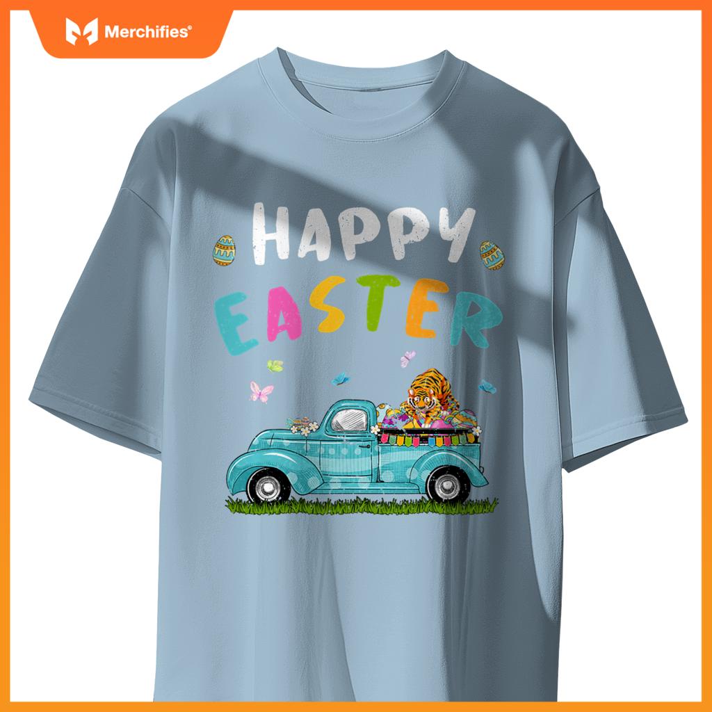 Cute Tiger With Bunny Ears Egg Hunting Truck Easter T-Shirt