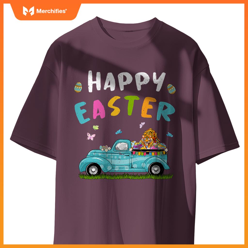 Cute Tiger With Bunny Ears Egg Hunting Truck Easter T-Shirt