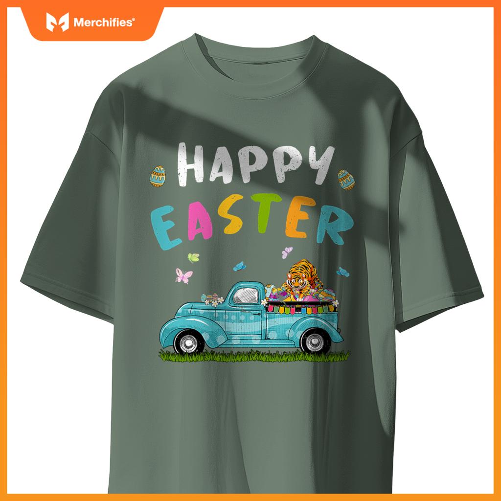Cute Tiger With Bunny Ears Egg Hunting Truck Easter T-Shirt