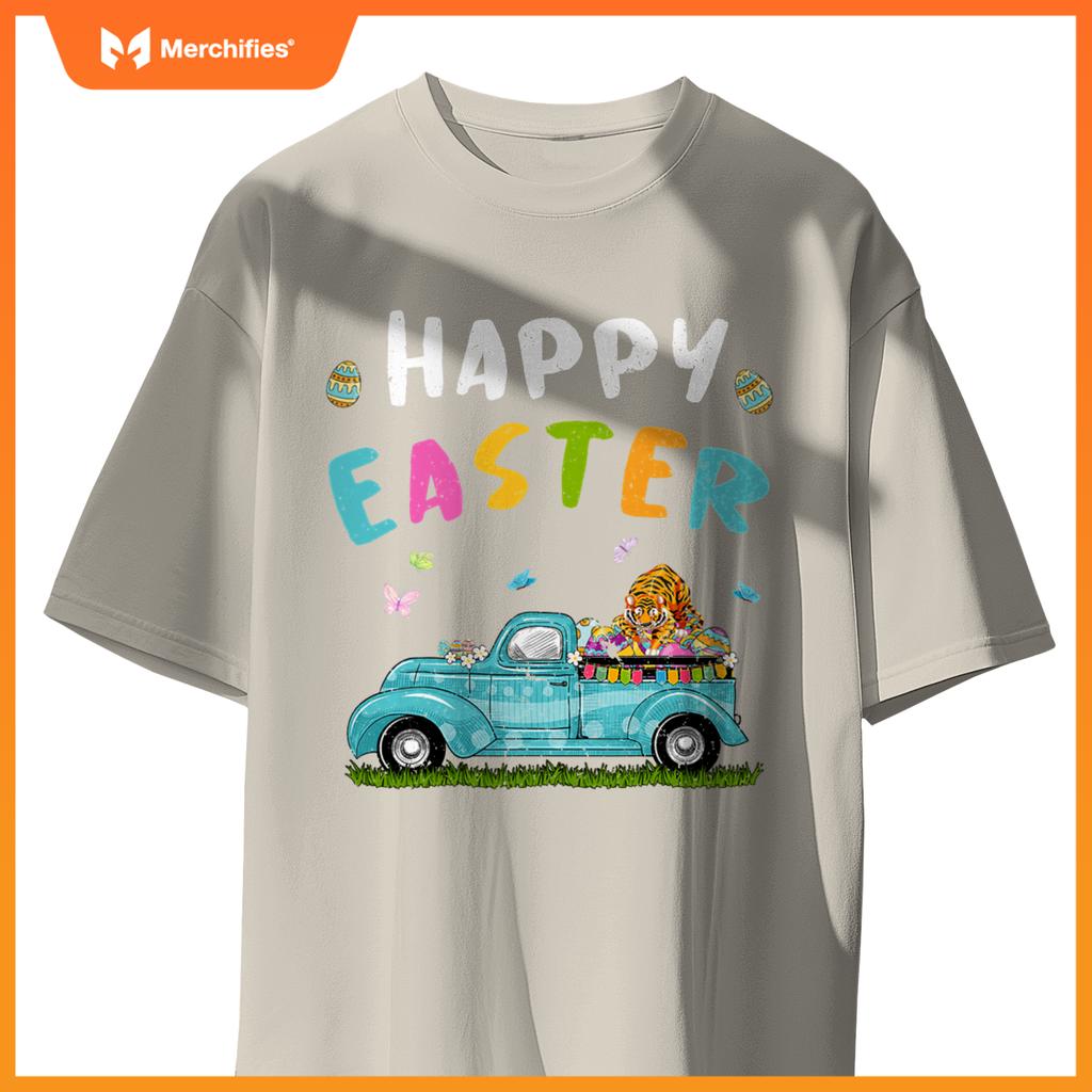 Cute Tiger With Bunny Ears Egg Hunting Truck Easter T-Shirt