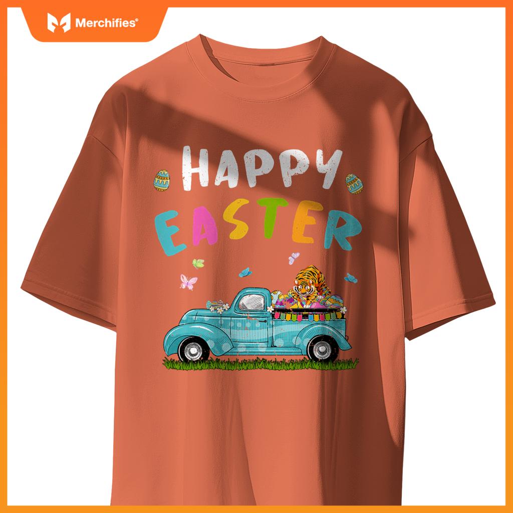 Cute Tiger With Bunny Ears Egg Hunting Truck Easter T-Shirt