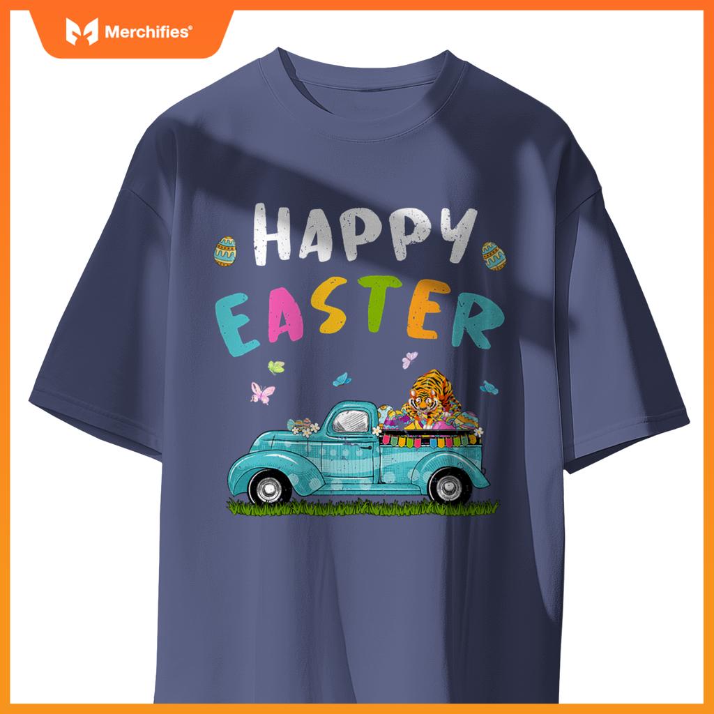 Cute Tiger With Bunny Ears Egg Hunting Truck Easter T-Shirt