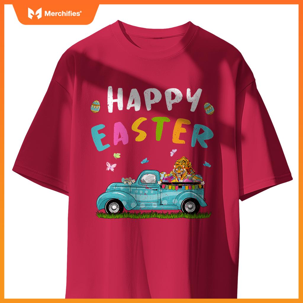 Cute Tiger With Bunny Ears Egg Hunting Truck Easter T-Shirt