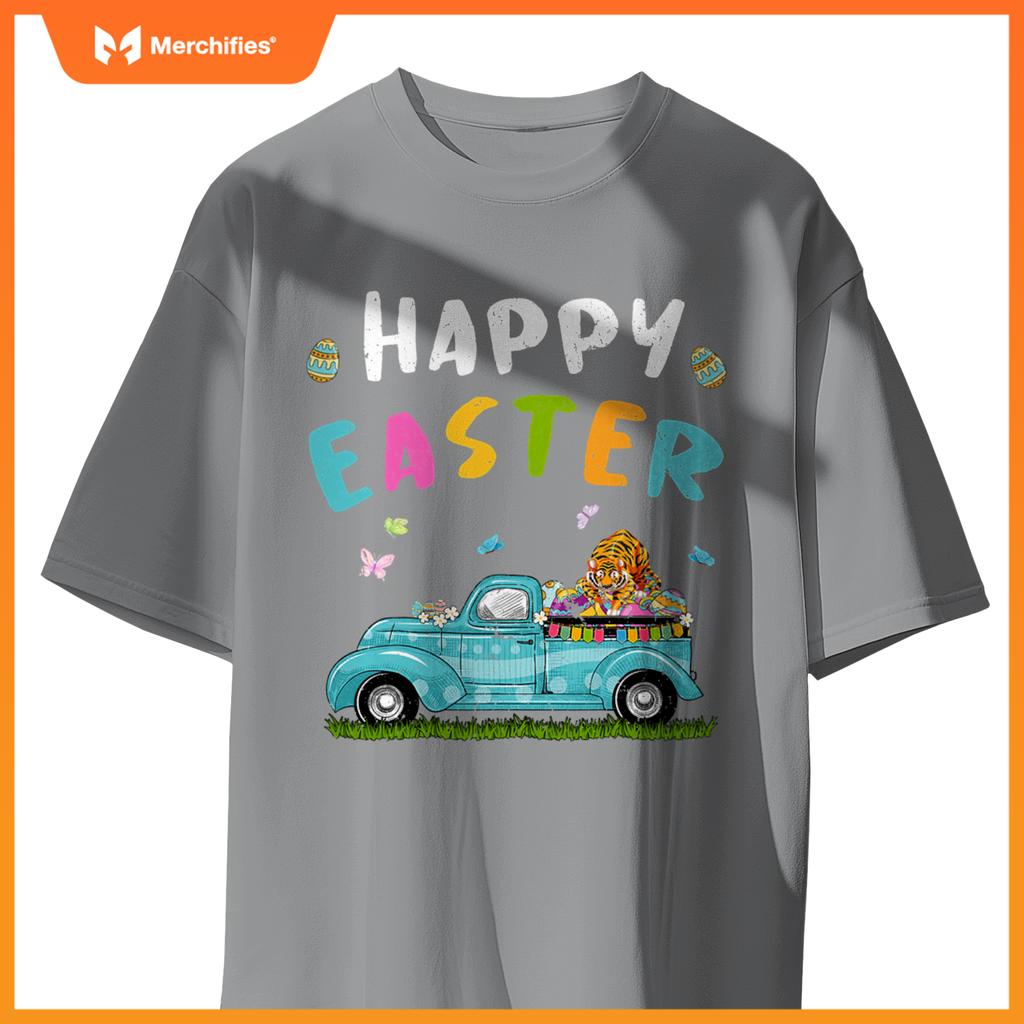 Cute Tiger With Bunny Ears Egg Hunting Truck Easter T-Shirt