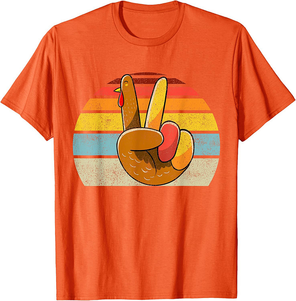 Peace Sign Turkey Hand Thanksgiving Retro Style Women Girls T-Shirt