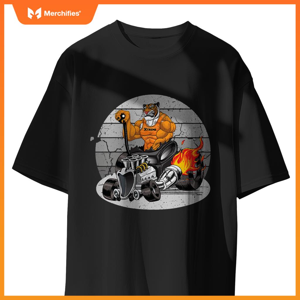 Digirods Xrod Tough Tiger Flaming Hot Rod Cartoon Car T-Shirt