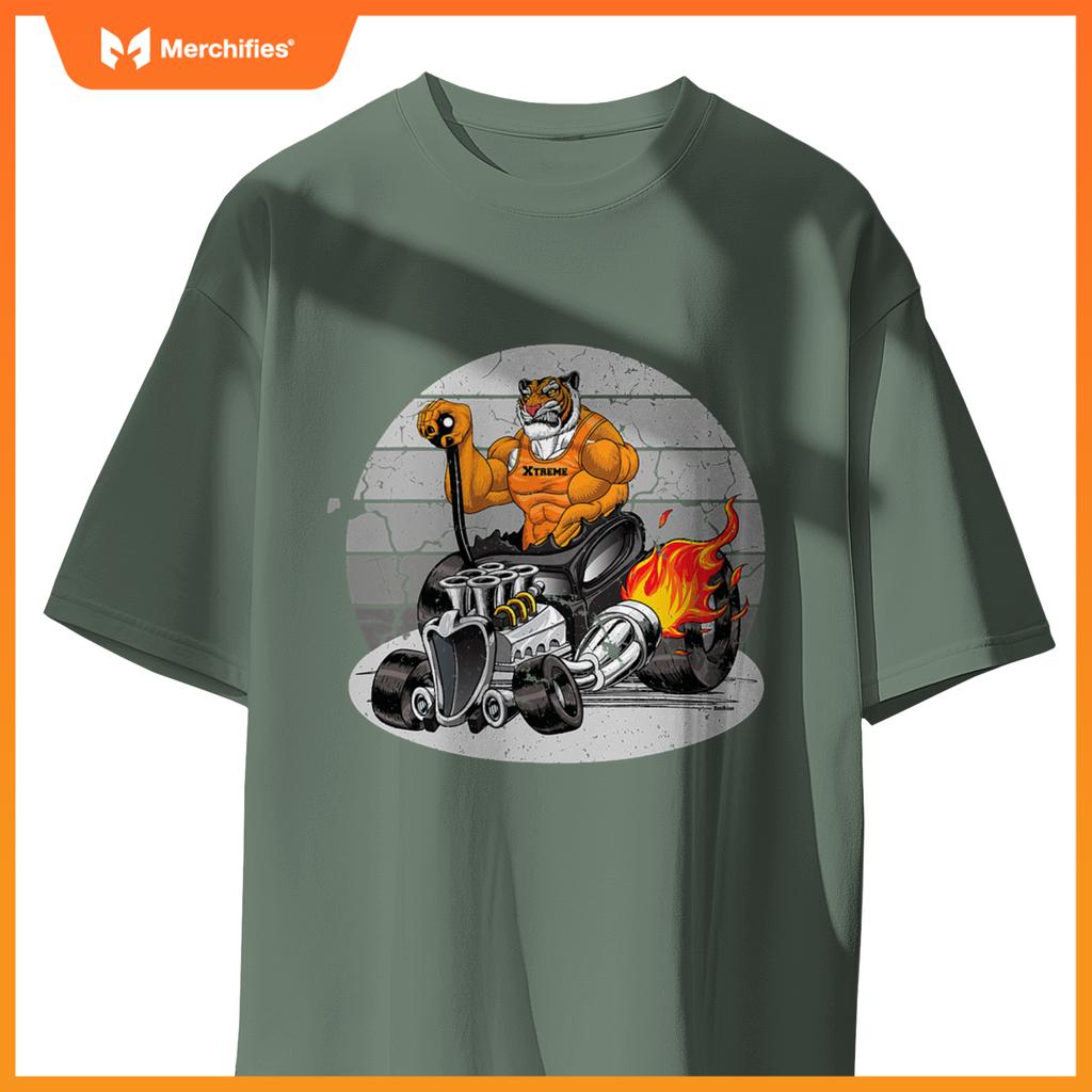 Digirods Xrod Tough Tiger Flaming Hot Rod Cartoon Car T-Shirt
