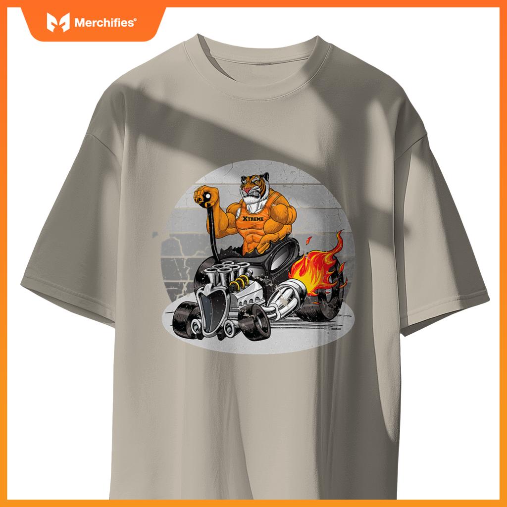 Digirods Xrod Tough Tiger Flaming Hot Rod Cartoon Car T-Shirt
