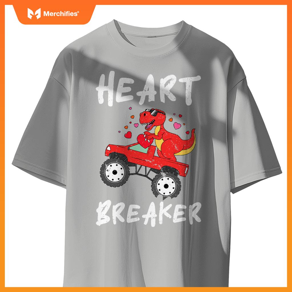Dinosaur Kids Monster Truck Break Hearts Happy Valentines T-Shirt