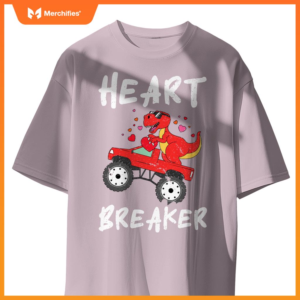 Dinosaur Kids Monster Truck Break Hearts Happy Valentines T-Shirt
