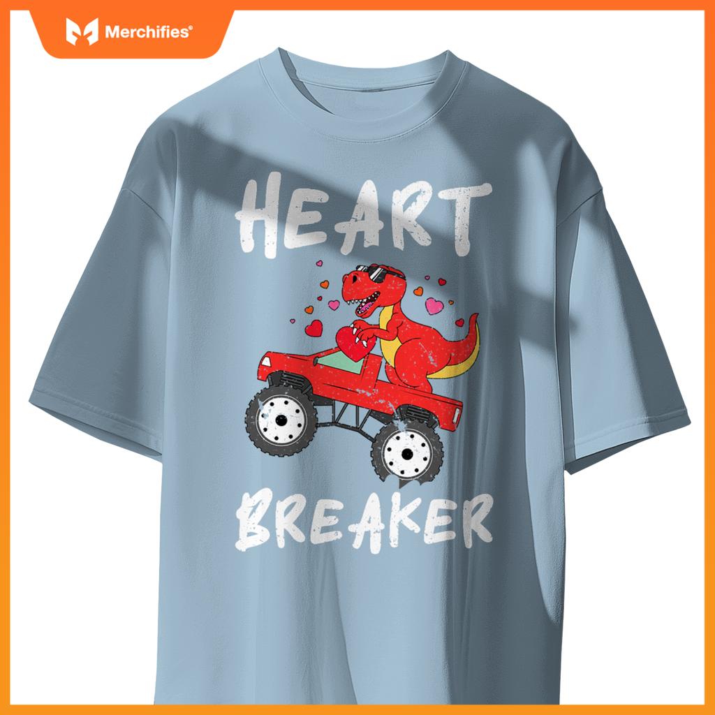 Dinosaur Kids Monster Truck Break Hearts Happy Valentines T-Shirt