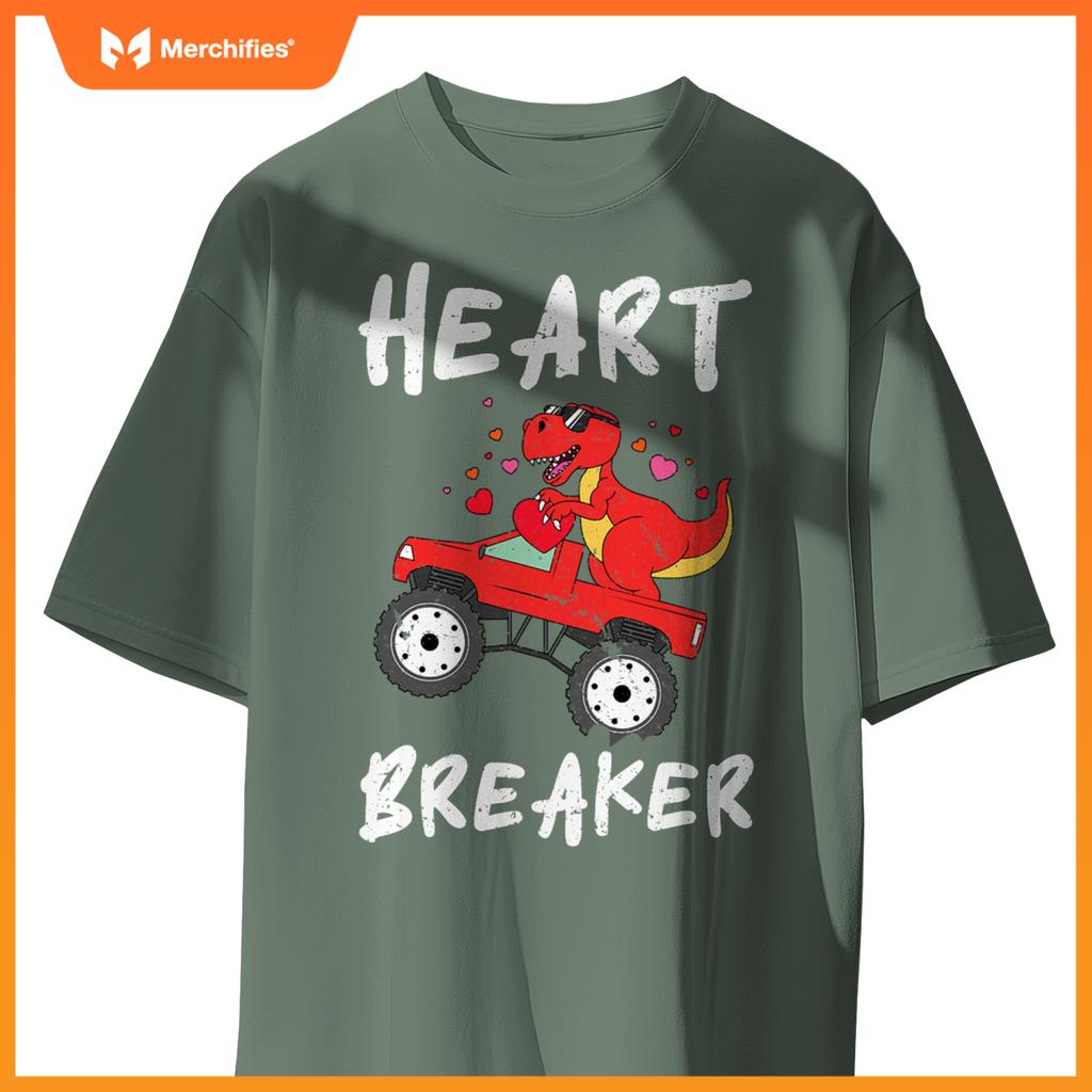 Dinosaur Kids Monster Truck Break Hearts Happy Valentines T-Shirt
