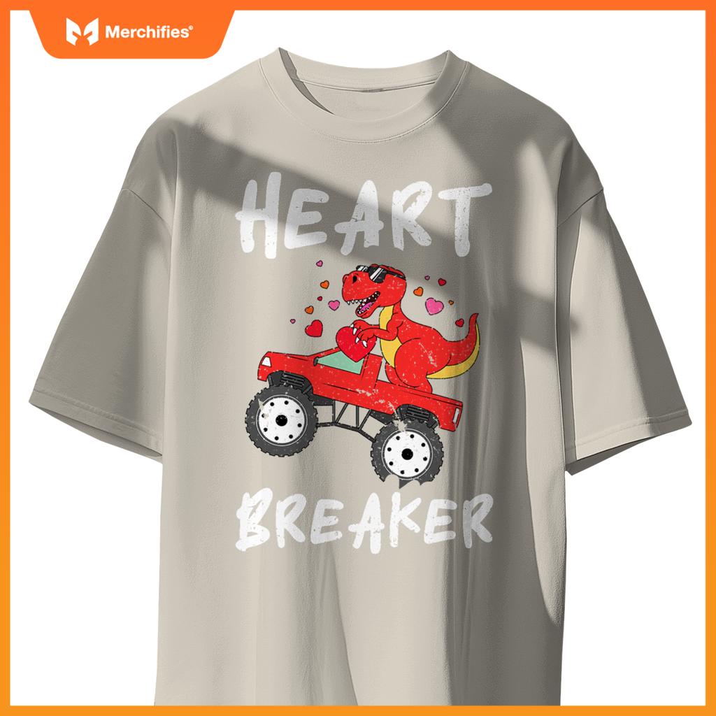 Dinosaur Kids Monster Truck Break Hearts Happy Valentines T-Shirt