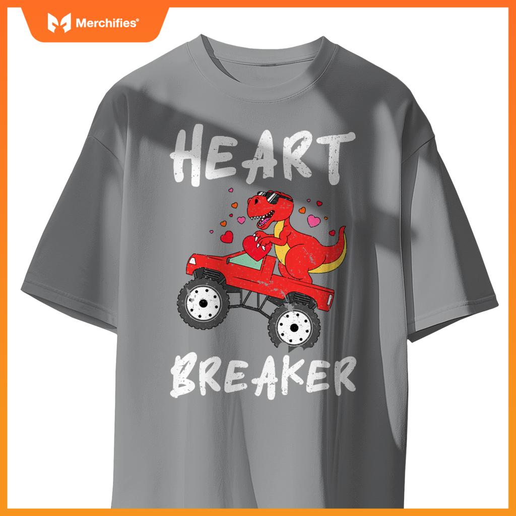 Dinosaur Kids Monster Truck Break Hearts Happy Valentines T-Shirt