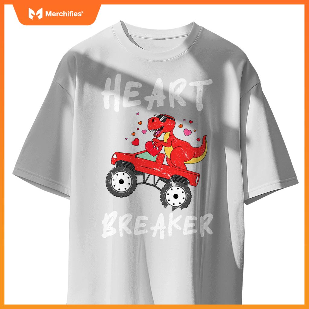 Dinosaur Kids Monster Truck Break Hearts Happy Valentines T-Shirt