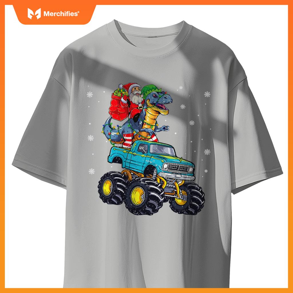 Dinosaur Santa Monster Truck Family Matching Christmas T-Shirt