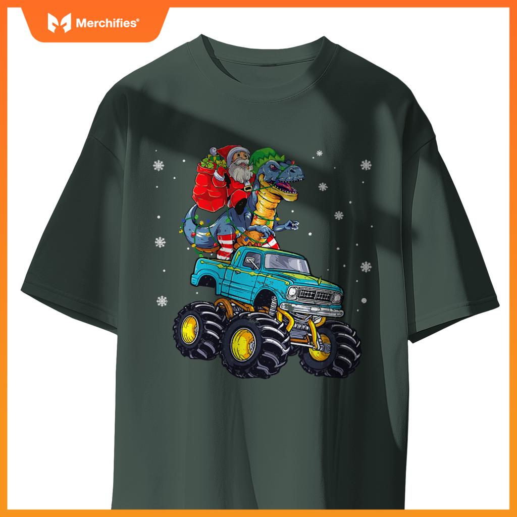 Dinosaur Santa Monster Truck Family Matching Christmas T-Shirt