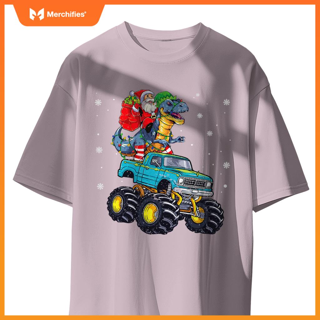 Dinosaur Santa Monster Truck Family Matching Christmas T-Shirt