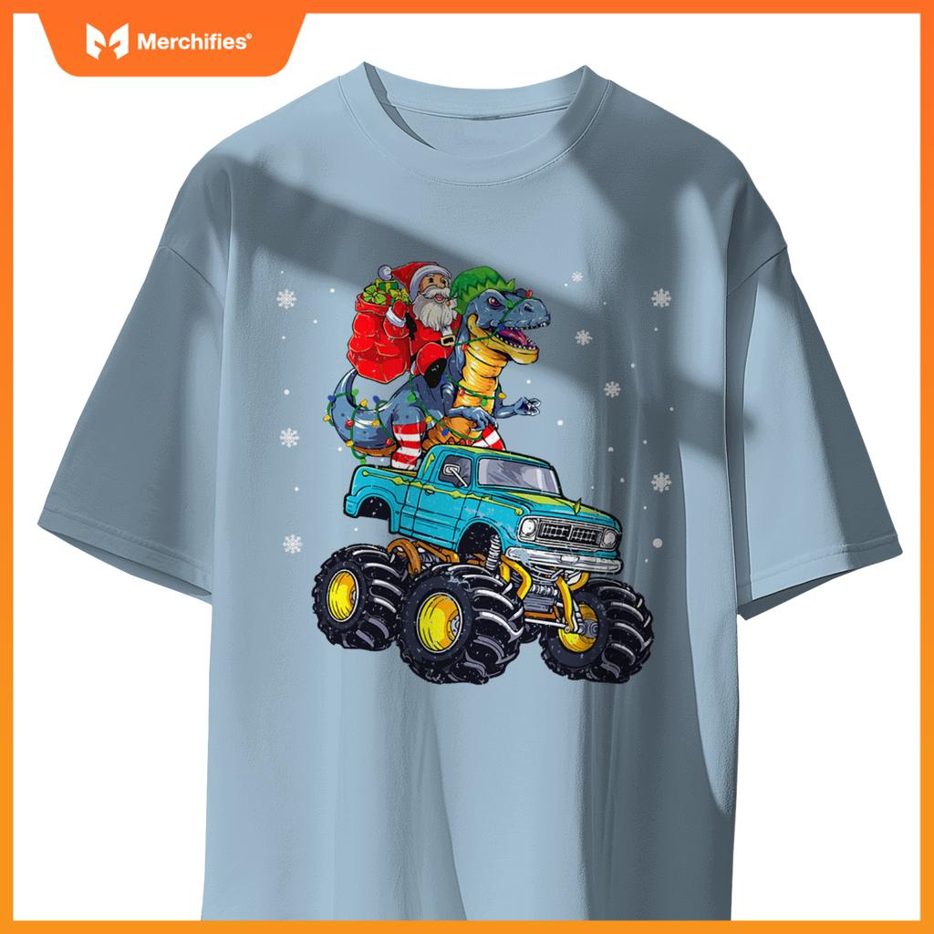 Dinosaur Santa Monster Truck Family Matching Christmas T-Shirt